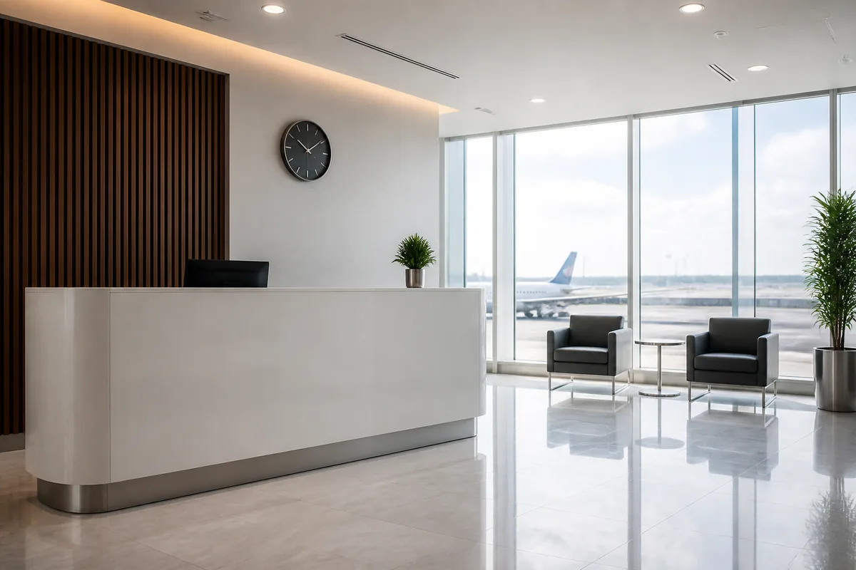 Recepción de oficina aeroportuaria recién sanitizada, con mostrador y área de espera